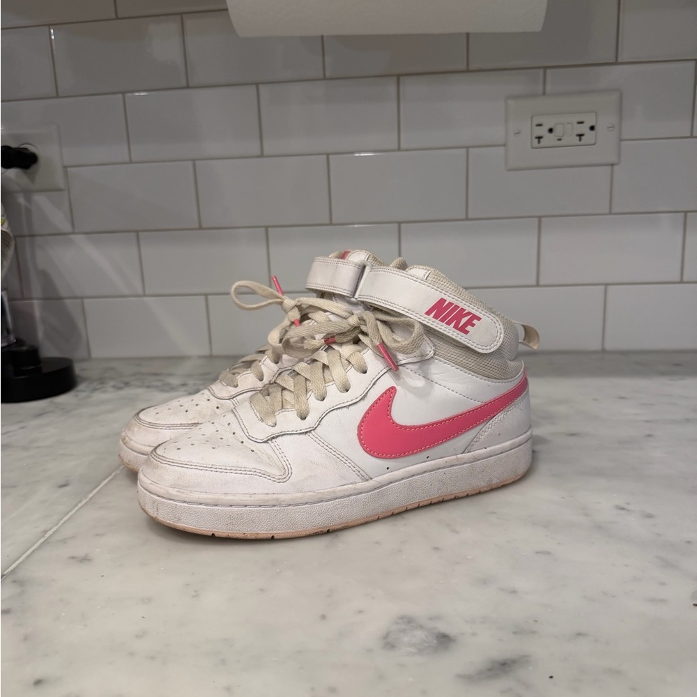 Nike White High-Top Sneakers with Pink Swoosh and Strap
